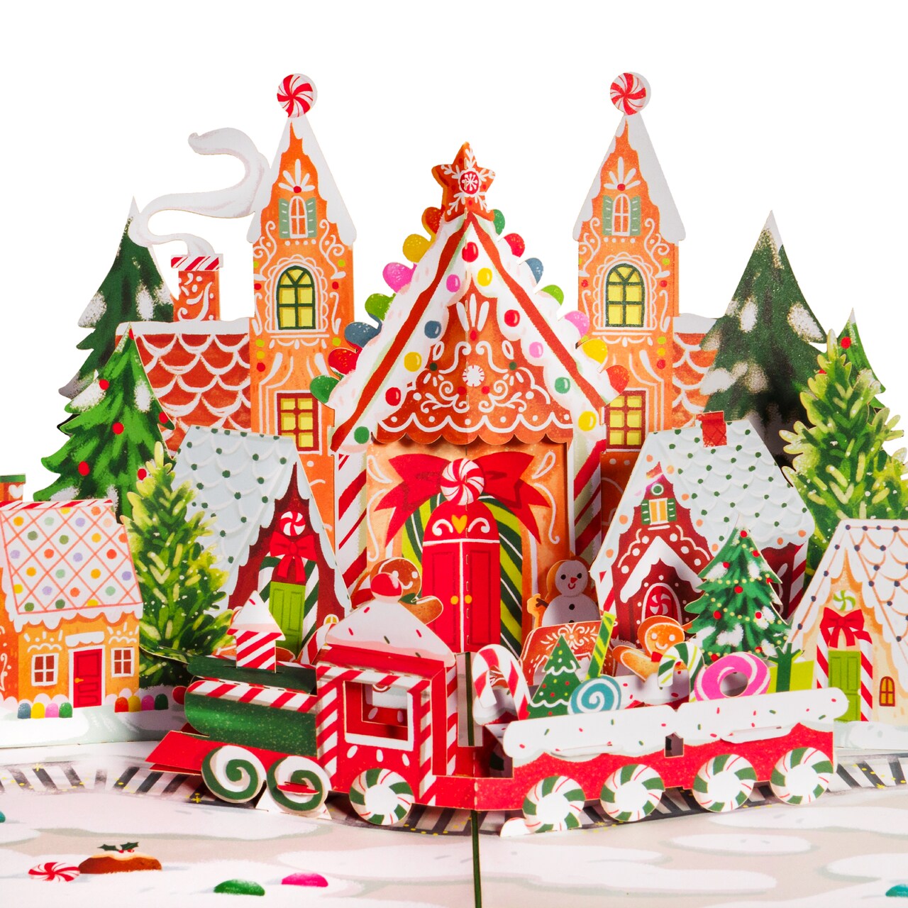 Paper Love 3D Christmas Pop Up Card - Festive Gingerbread Village & Train, Perfect for Holiday Greeting - 5" x 7" Cover